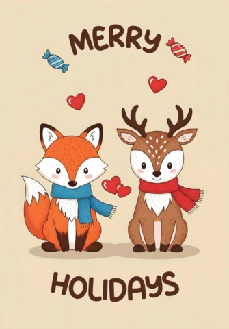 Christmas Greeting Card Cartoon Fox and Reindeer with Scarves, Hearts, and Wrapped Candy On Beige Background Design Template
