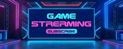 Modèle de bannière de bouton d'abonnement pour le streaming de jeux néon avec design synthwave