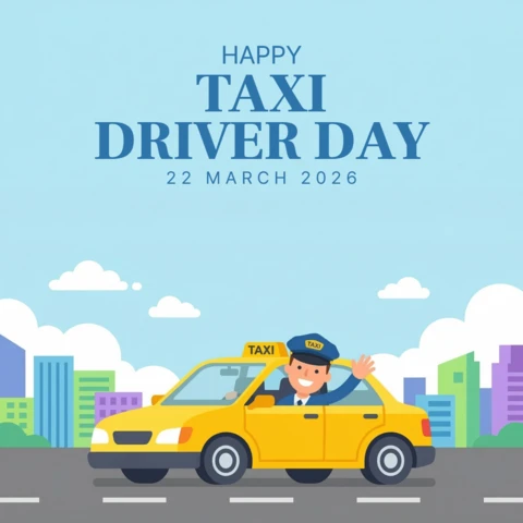 Taxi Driver Day 2026 Decorative Cartoon Driver with Classic Yellow Taxi Illustration for Awareness and Celebration