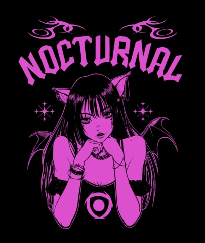 Nocturnal Charmer Bat-Winged Anime Cat Girl in Pink Cosmic T-Shirt Design Template