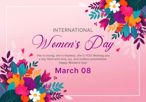 International Women’s Day Greeting Card with Floral Corners, Pink Gradient Background, and Inspirational Quote