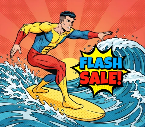 Plantilla de diseño de héroe surfista en estilo cómic con ráfagas de sol y movimiento de olas para volantes promocionales.