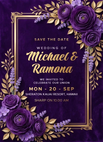 Luxury Purple and Gold Wedding Invitation Card Template with Elegant Floral Frame Design