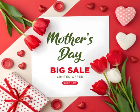 Plantilla de diseño de venta del día de la madre en rojo con elementos florales y motivos de corazón
