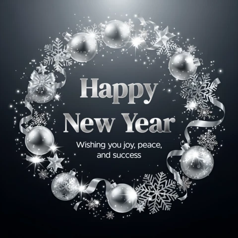 Elegant New Year Greeting Card Template with Silver Ornaments and Snowflakes Design