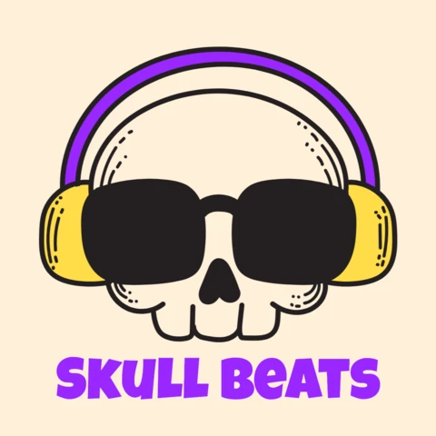 Crâne bat un crâne de dessin animé cool avec des écouteurs et des lunettes de soleil pour un design de t-shirt de marchandises DJ, musique et streetwear.