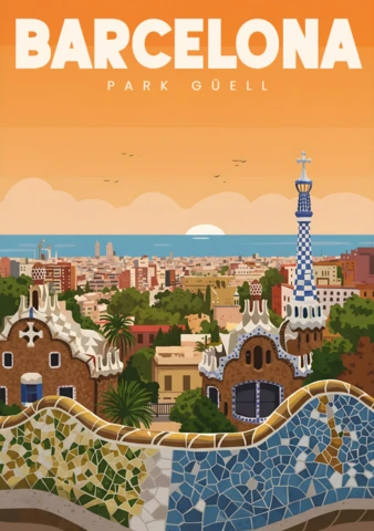 Park Güell Mosaic Bench with Sunset City View Barcelona Travel Posters Design Template