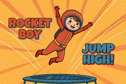 Playful Cartoon Design Template for Kids T-Shirt Featuring Rocket Boy Jumping High