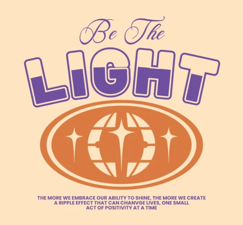 Sé el diseño de camiseta con el emblema de la luz, el globo y la estrella con efecto de ondulación y cita de positividad.
