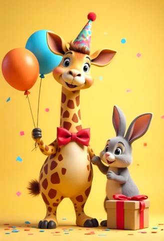 Modelo de convite para festa de aniversário infantil com girafa e coelhinho fofos