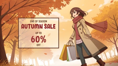 Anime Autumn Sale Design Template with Character in Fall Landscape for Promotional Flyers