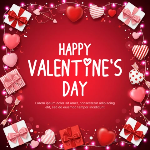 Fondo del día de San Valentín con cajas de regalo envueltas, globos en forma de corazón y un degradado rojo brillante para saludos románticos.
