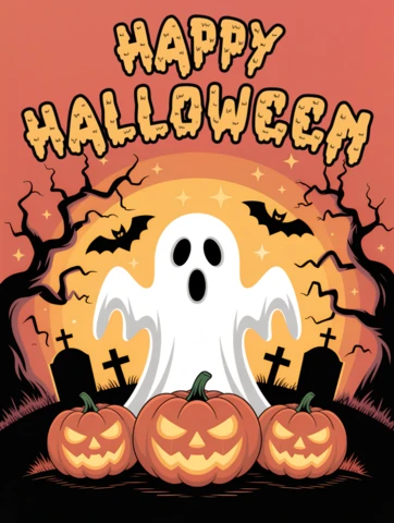Spooky Ghost Halloween Design Template for T-Shirt with Pumpkins and Bats