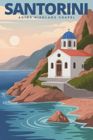 Agios Nikolaos şapeli, kayalık manzarası ve gün batımı gökyüzü ile Santorini seyahat posterleri tasarım şablonu