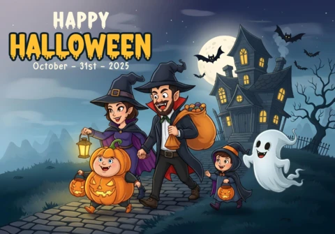Шаблон дизайна праздничных флаеров для Хэллоуинской ночи с haunted house, родителями-волшебниками и детьми, собирающими сладости.