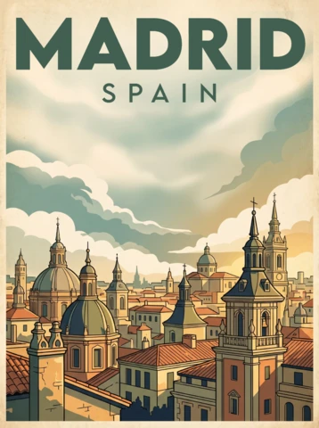 Vintage Retro Spain Travel Wall Art Print Madrid Skyline Poster Scenic Cityscape Sunset Clouds Ornate Domes Spires Adventure Landscape