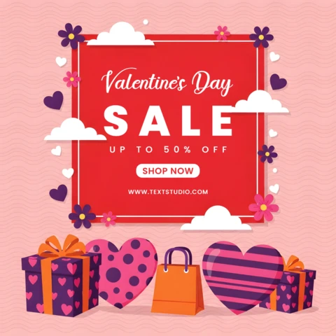 Modello di vendita per San Valentino con design colorato di cuori e regali per volantino promozionale