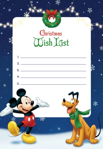Modello di lista dei desideri per le vacanze, cancelleria natalizia con Topolino e Pluto sotto le luci a stringa e un cielo innevato.
