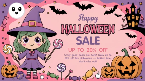 Verspielt Halloween-Verkaufsvorlage mit Kawaii-Zauberer-Design für Werbeflyer