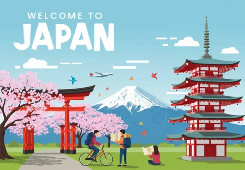 Explora Japón cartel pagoda, puerta torii, cerezos en flor y monte Fuji en un paisaje primaveral escénico.