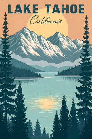Vintage Californian Lake Tahoe Poster Design Template with Mountains and Trees