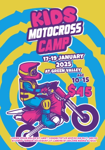Plantilla de diseño de póster para campamento infantil de motocross
