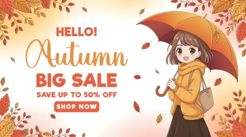 Autumn Sale Design Template with Cute Manga Girl and Umbrella for Promotional Flyers