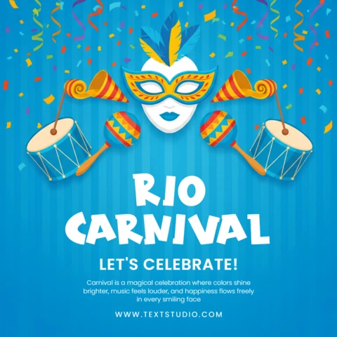 Rio Carnival Poster Blue Gradient Background with Colorful Mask, Feathers, Drums, Streamers & Confetti