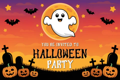 Editable Halloween Party Invitation Template with Ghost and Pumpkin Design