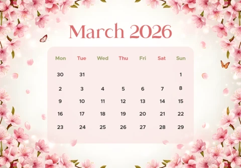 Affiche de calendrier saisonnier mars 2026 avec des décorations botaniques et des étiquettes de jours de la semaine colorées