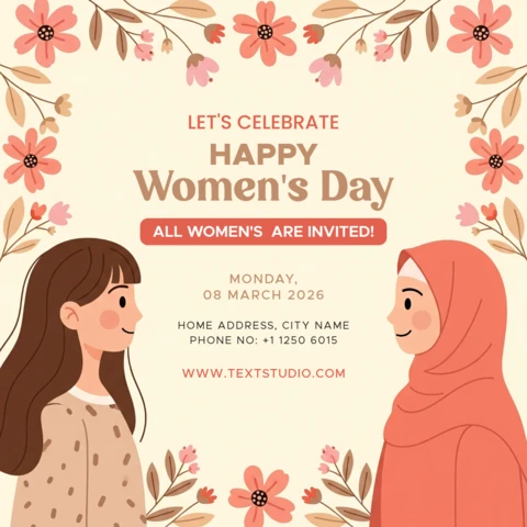Modèle d'invitation pour la Journée internationale des femmes avec des figures féminines, des fleurs et une bordure décorative.