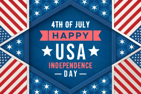 Template de celebração do dia da independência, 4 de julho, com design de bandeiras americanas.