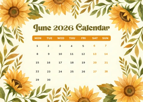 Calendrier mensuel de juin 2026 avec une bordure de tournesols et des illustrations de jardin botanique