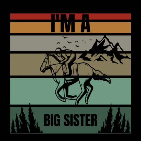 Big Sister Nature Horseback Riding with Mountains and Birds Racing T-Shirt Design Template