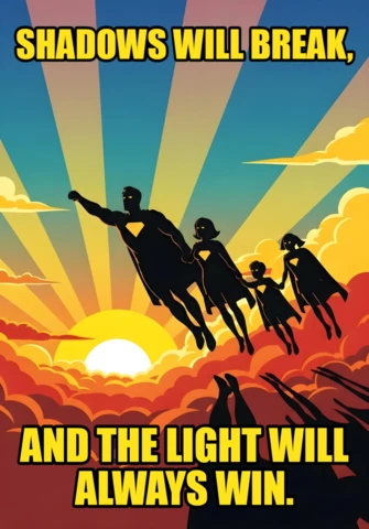 Famiglia di supereroi che vola nel cielo al tramonto con citazione di speranza e design del poster con luce radiante.
