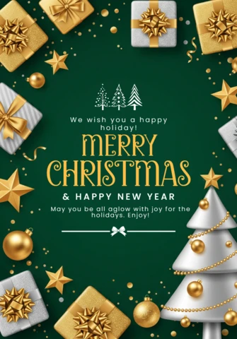 Christmas Card Design with Silver & Gold Presents, Sparkling Lights, and Decorative Tree