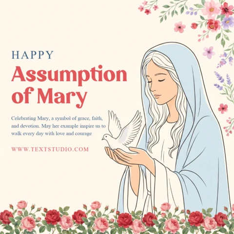 Assumption of Mary Sacred Poster Virgin Halo Radiant Glow Blue Cloak White Robe Dove Floral Spiritual Illustration