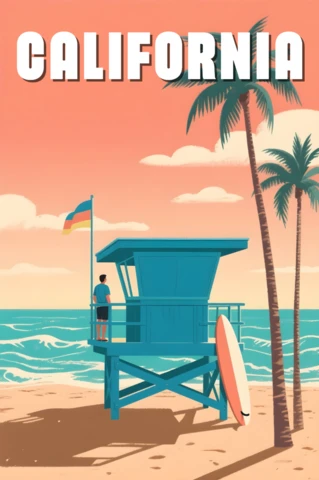 California Beach Design Template with Lifeguard Tower and Surfboard for Posters