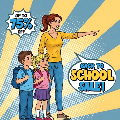 Comic Back To School Sale Parent & Kids Scene with Backpacks & Limited-Time Promo Banner Design Template for Promotional Flyers