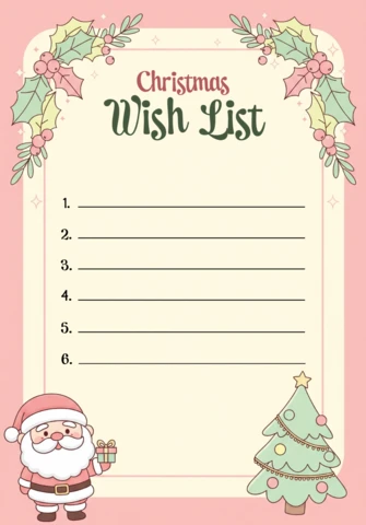 Christmas Wish List Template Festive Design with Santa Holding Gift and Decorated Tree for Holiday Planning