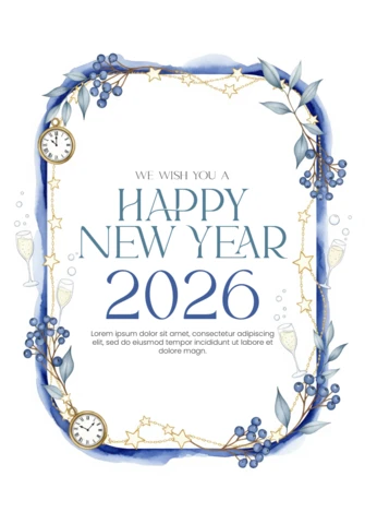 Frohes neues Jahr Wünsche Vorlage 2026 Aquarelldesign mit Uhren, anstoßenden Gläsern und sternenklarem Feier-Thema