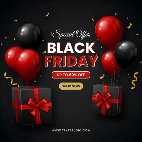 Black Friday Sale Design Template with Balloons and Gift Boxes for Promotional Flyers