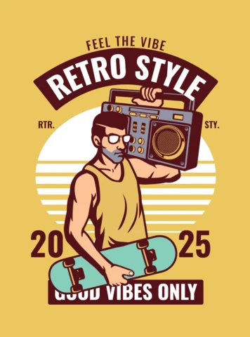 Plantilla de diseño retro de hombre con monopatín y radio