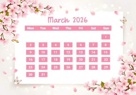 March 2026 Wall Calendar Poster with Blossoms, Butterflies, and Decorative Spring Style