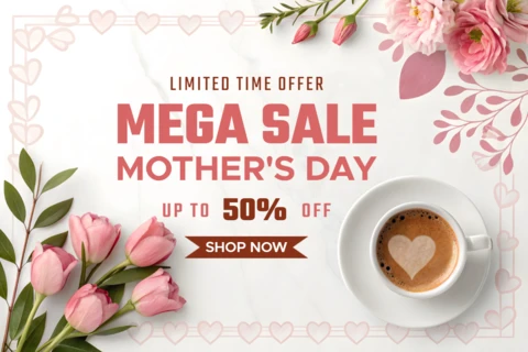 Elegante plantilla de diseño floral de venta para el día de la madre con café y corazones