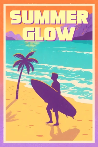 Retro Flat Summer Glow Beach Design Template for Surf Posters