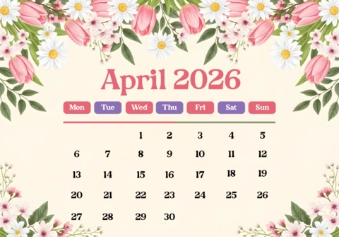 April 2026 Calendar Poster — Colorful Weekday Boxes with Tulips, Daisies, and Decorative Border Theme