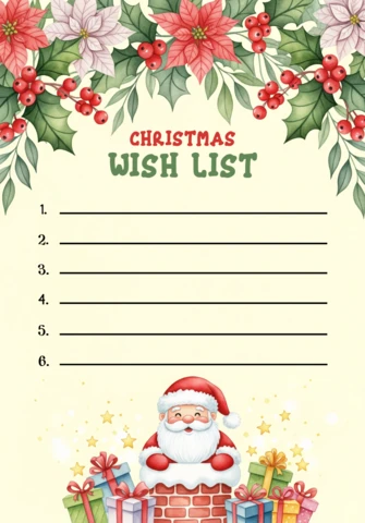 Modelo de lista de desejos de papelaria de Natal com decorações festivas e Papai Noel saindo da chaminé para crianças.
