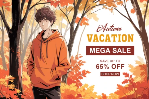 キャラクターイラストを使った秋休みセールデザインテンプレート、プロモーションフライヤー用