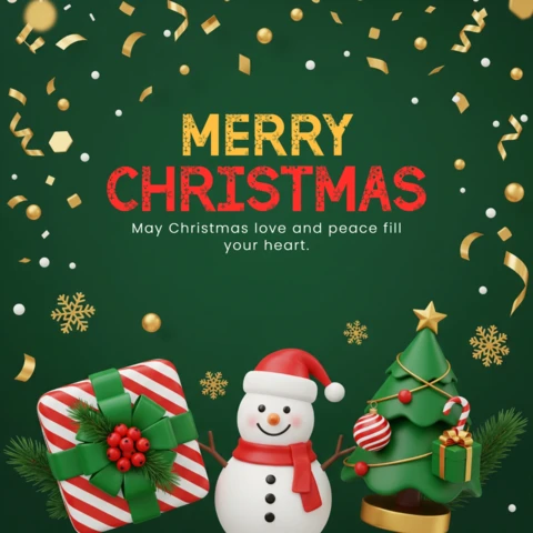 Frohe Weihnachten Karte festliche Szene mit Schneemann, Baum und Geschenken, die "Möge Weihnachten Liebe und Frieden dein Herz erfüllen" umrahmen, Designvorlage
